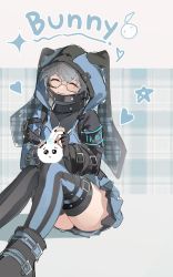 Rule 34 | 1boy, animal hood, blue thighhighs, boots, character name, closed eyes, cosplay, crossdressing, dress, effole (fairy fencer f), effole (fairy fencer f) (cosplay), emoji, english text, fairy fencer f, fingerless gloves, glasses, gloves, grey hair, heart, high collar, highres, hood, hood up, ike eveland, male focus, miniskirt, multicolored clothes, multicolored dress, nijisanji, nijisanji en, plaid, pleading face emoji, quildren (ike eveland), rabbit hood, short hair, sitting, skirt, smile, solo, song (v3wm9a701fvqjxf), star (symbol), striped clothes, striped thighhighs, thighhighs, vertical-striped clothes, vertical-striped thighhighs, virtual youtuber
