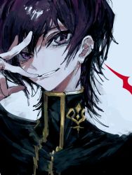Rule 34 | black hair, code geass, geass, grin, hand on own face, lelouch vi britannia, looking at viewer, purple eyes, smile, turtleneck, white background, zpicy owl