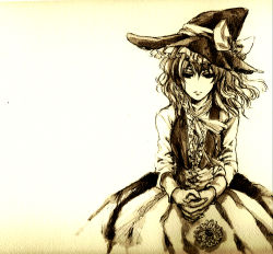 Rule 34 | 1girl, female focus, flower, hat, highres, kirisame marisa, monochrome, no nose, ptiki, sketch, solo, touhou, traditional media, witch, witch hat, yellow theme