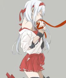 Rule 34 | 10s, 1girl, bad id, bad twitter id, closed eyes, hairband, kantai collection, long hair, off shoulder, red ribbon, ree (re-19), ribbon, shoukaku (kancolle), solo, white hair