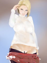 Rule 34 | 1girl, bad id, bad pixiv id, blonde hair, blue eyes, breasts, censored, clothes pull, cowboy shot, tucking hair, hand in own hair, hand up, highres, large breasts, leggings pull, looking at viewer, mumaya, original, pussy, see-through, see-through shirt, short hair, simple background, skirt, skirt pull, solo, standing, sweater, translucent, turtleneck, turtleneck sweater