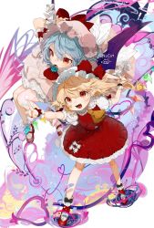 Rule 34 | 2girls, :d, arm up, ascot, bat wings, blonde hair, blue flower, blue hair, blue rose, bobby socks, bow, circle skirt, commentary, crystal, dress, flandre scarlet, flower, gotou (nekocat), hat, hat bow, heart, heart of string, highres, mary janes, mob cap, multiple girls, one side up, open mouth, petticoat, pink dress, pink headwear, pointing, pointy ears, puffy short sleeves, puffy sleeves, red ascot, red bow, red eyes, red footwear, red skirt, red vest, remilia scarlet, rose, shoes, short hair, short sleeves, siblings, sisters, skirt, skirt set, smile, socks, standing, star (symbol), symbol-only commentary, touhou, vest, white background, white headwear, white legwear, wings, wrist cuffs, yellow ascot