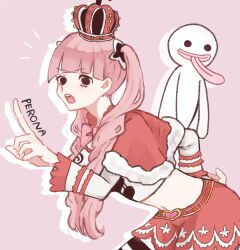 Rule 34 | 1girl, belt, black eyes, blunt bangs, capelet, character name, commentary, crop top, crown, frilled sleeves, frills, ghost, hand on own hip, highres, long sleeves, mini crown, miniskirt, neck ribbon, one piece, open mouth, perona, pink background, pink hair, pink ribbon, pointing, pointing up, ribbon, sa wint, simple background, skirt, solo, striped clothes, striped thighhighs, thighhighs, tongue, tongue out, twintails