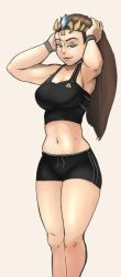 Rule 34 | 1girl, 34no404, adjusting hair, armpits, arms up, bike shorts, blue eyes, breasts, brown hair, contemporary, feet out of frame, female focus, forehead jewel, hip focus, large breasts, long hair, looking at viewer, midriff, navel, nintendo, pointy ears, princess zelda, simple background, smile, solo, sports bra, standing, the legend of zelda, the legend of zelda: twilight princess, thick thighs, thighs, tiara, toned, triforce, wristband