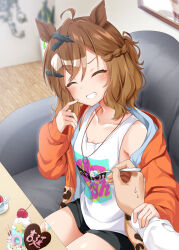 Rule 34 | 1girl, 1other, absurdres, alternate costume, armpits, blurry, blurry background, blush, braid, brown hair, casual, closed eyes, collarbone, commentary request, food, hair ornament, hairclip, highres, horse girl, jacket, jungle pocket (umamusume), looking at viewer, medium hair, notched ear, open mouth, pov, pov hands, ryochapu, shirt, sitting, solo focus, spoon, sweets, trainer (umamusume), umamusume