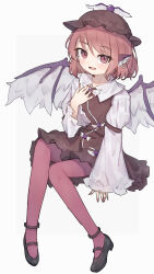 1girl :d animal_ears bird_ears bird_wings black_footwear blush brown_dress brown_hat commentary_request dress earrings fingernails full_body hand_on_own_chest hat highres jewelry long_sleeves looking_at_viewer mob_cap mystia_lorelei open_mouth pantyhose pinafore_dress pink_eyes pink_hair pink_nails pink_pantyhose sharp_fingernails shone short_hair simple_background sleeveless sleeveless_dress smile solo touhou white_background wide_sleeves winged_hat wings