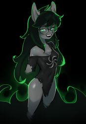Rule 34 | 1girl, absurdres, animal ear fluff, animal ears, azuuart, black-framed eyewear, black background, black hair, black shirt, blush, body fur, bottomless, breasts, covered navel, cowboy shot, cropped arms, cropped legs, fangs, female focus, glasses, green eyes, green outline, grey fur, half-closed eyes, happy, highres, homestuck, jade harley, long hair, looking at viewer, off shoulder, open mouth, outline, round eyewear, shirt, short sleeves, sidelocks, simple background, single bare shoulder, small breasts, smile, solo, standing, swept bangs, teeth, thighs, torn clothes, torn shirt
