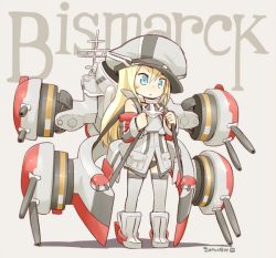 Rule 34 | 10s, 1girl, 2014, aged down, bad id, bad tumblr id, bismarck (kancolle), blue eyes, blush, character name, dated, detached sleeves, grey thighhighs, hat, kantai collection, long hair, machinery, md5 mismatch, nagian, peaked cap, solo, standing, thighhighs, turret