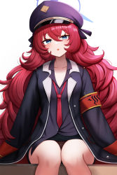 Rule 34 | 1girl, absurdres, armband, blue archive, commentary, grey eyes, hair between eyes, halo, hat, head tilt, highres, iroha (blue archive), long hair, long sleeves, looking at viewer, melreon, necktie, panties, pantyshot, parted lips, peaked cap, pencil skirt, red hair, side slit, sidelocks, simple background, skirt, smile, solo, underwear, white background