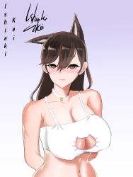 Rule 34 | 1girl, absurdres, animal ears, arms behind back, artist name, atago (azur lane), azur lane, bell, breasts, brown eyes, brown hair, cleavage, cleavage cutout, closed mouth, clothing cutout, collar, commentary, gradient background, highres, kei ishiaki, large breasts, long hair, mole, navel, neck bell, purple background, signature, solo, swept bangs, upper body