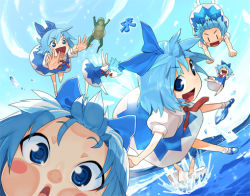 Rule 34 | 1girl, :d, against glass, blue eyes, blue hair, blush stickers, cheek squash, cirno, clone, close-up, day, embodiment of scarlet devil, excited, female focus, flying, frog, kanji, open mouth, outstretched arms, shaa (halleluya), short hair, shue, sky, smile, splashing, spread arms, touhou, water, | |