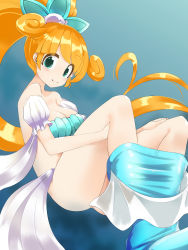 Rule 34 | bare shoulders, blue background, blush, breasts, cleavage, collarbone, curly hair, green eyes, high ponytail, highres, kai (nyanko daisensou), large breasts, long hair, looking at viewer, nyanko daisensou, orange hair, simple background, smile, solo, tagme, twin-7646, very long hair