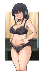 Rule 34 | 1girl, belly, black bra, black eyes, black hair, black panties, blush, border, bra, breasts, cleavage, commission, embarrassed, frilled bra, frills, frown, highres, holding stomach, houkago teibou nisshi, indoors, kotani sayaka, large breasts, long hair, looking at viewer, mature female, navel, office, office lady, omuraashu, open mouth, panties, pixiv commission, plump, sidelocks, solo, sweatdrop, teacher, thighs, underwear, underwear only, weight conscious, white border