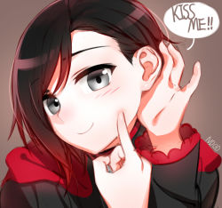 Rule 34 | !, !!, 1girl, black hair, blush, english text, eyes visible through hair, grey background, looking at viewer, multicolored hair, ndgd, pointing, pointing at self, pov, red hair, ruby rose, rwby, short hair, simple background, smile, solo, two-tone hair