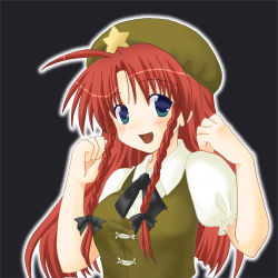 Rule 34 | 1girl, ahoge, blue eyes, blush, bow, braid, china dress, chinese clothes, dress, female focus, hair bow, hat, hong meiling, long hair, lowres, open mouth, red hair, smile, solo, star (symbol), embodiment of scarlet devil, touhou, twin braids