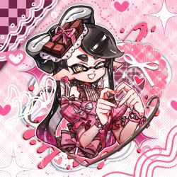 1girl alternate_costume bare_shoulders bead_bracelet beads black_hair bow bow-shaped_hair bracelet brown_bow brown_shirt callie_(splatoon) candy chocolate chocolate_bar commentary cross-shaped_pupils dress dress_bow earrings english_commentary food food_on_head frilled_shirt frills gradient_hair grin gucandiyi52092 heart heart_earrings heart_hands highres inkling jewelry long_hair looking_at_viewer mole mole_under_eye multicolored_hair nintendo object_on_head one_eye_closed outline pink_background pink_bow pink_dress pink_hair pointy_ears puffy_short_sleeves puffy_sleeves shirt short_sleeves sleeveless sleeveless_shirt smile solo splatoon_(series) striped_clothes striped_shirt swept_bangs symbol-shaped_pupils tentacle_hair thick_eyebrows twintails two-tone_hair valentine white_outline yellow_eyes