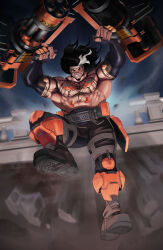 Rule 34 | 1boy, abs, absurdres, arms up, bara, bare pectorals, beard, black hair, chest tattoo, commentary, english commentary, facial hair, fingerless gloves, gatling gun, gloves, highres, holding, holding weapon, large pectorals, male focus, mauga (overwatch), muscular, muscular male, nipples, open mouth, overwatch, overwatch 1, overwatch 2, pectorals, solo, t2digits, tattoo, v-shaped eyebrows, weapon