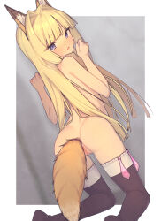 Rule 34 | 1girl, anal, anal object insertion, anal tail, animal ears, ass, black thighhighs, blonde hair, blue eyes, blush, butt plug, censored, commentary request, condom, everyntrge, fake animal ears, fake tail, fox ears, fox tail, hair intakes, kneeling, long hair, looking at viewer, mosaic censoring, nude, object insertion, open mouth, original, pussy, pussy juice, solo, sweat, tail, tearing up, thighhighs, used condom