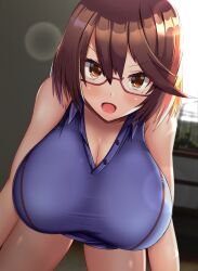 Rule 34 | 1girl, absurdres, blush, breasts, brown eyes, brown hair, commentary request, glasses, highres, huge breasts, looking at viewer, mameneko (pai), mole, mole under eye, open mouth, original, short hair, solo, tongue