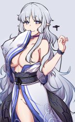 Rule 34 | 1girl, bare shoulders, blush, breasts, cleavage, closed mouth, grey background, grey hair, hand up, hands up, highres, japanese clothes, kimono, large breasts, long hair, looking at viewer, naked kimono, original, pointy ears, purple eyes, simple background, smile, solo, thick eyebrows, very long hair, wavy hair, wide sleeves, wristband, xiujia yihuizi