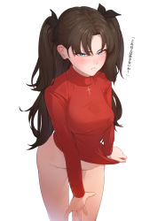 Rule 34 | 1girl, black hair, black ribbon, blue eyes, blush, bottomless, breasts, covering crotch, covering privates, cross, fate/stay night, fate (series), frown, furrowed brow, groin, hair ribbon, highres, latin cross, long sleeves, medium breasts, red shirt, ribbon, shirt, simple background, solo, tamamoice, tohsaka rin, translation request, tsundere, turtleneck, two side up, white background
