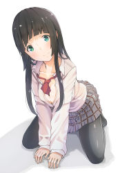 Rule 34 | 10s, 1girl, bent over, black hair, blouse, breasts, cleavage, flying witch, green eyes, head tilt, highres, kowata makoto, neck ribbon, pantyhose, plaid, plaid skirt, pleated skirt, revision, ribbon, shirt, simple background, skirt, solo, toketou, unbuttoned, white background