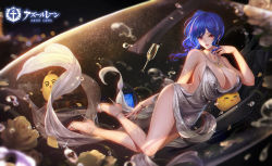 Rule 34 | 1girl, absurdres, alcohol, azur lane, bare back, bare legs, bare shoulders, blue hair, breast press, breasts, champagne, cleavage, clothes lift, cocktail dress, dress, earrings, highres, jewelry, knees together feet apart, large breasts, legs, crossed legs, long dress, looking at viewer, manjuu (azur lane), nail polish, necklace, revealing clothes, side ponytail, side slit, sideboob, skirt, skirt lift, st. louis (azur lane), st. louis (luxurious wheels) (azur lane), thick thighs, thighs, toenail polish, toenails, water