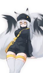 Rule 34 | 1girl, :o, absurdres, animal ear fluff, animal ears, bag, between breasts, black-framed eyewear, black sweater, borrowed character, breasts, ears through headwear, fox ears, fox girl, fox tail, glasses, grey hair, hat, highres, large breasts, long hair, looking at viewer, multiple tails, no pants, original, ribbed sweater, semi-rimless eyewear, simple background, solo, strap between breasts, sub-res, sweater, tail, thigh strap, thighhighs, under-rim eyewear, white background, white thighhighs, yellow eyes