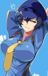 Rule 34 | 1girl, arms up, blue background, blue hair, blue hat, blue shirt, breasts, cabbie hat, hair between eyes, hat, hatotheman, highres, large breasts, looking to the side, necktie, persona, persona 4, persona 4: dancing all night, persona dancing, shirogane naoto, shirt, short hair, solo, suspenders, upper body, yellow necktie