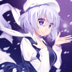 Rule 34 | 1girl, blue dress, breasts, dress, female focus, hat, highres, juliet sleeves, large breasts, letty whiterock, long sleeves, looking at viewer, niwashi (yuyu), puffy sleeves, purple eyes, scarf, shirt, silver hair, smile, solo, touhou, white scarf