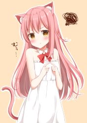 Rule 34 | &gt;:t, 1girl, :t, animal ears, bare shoulders, blush, bow, breasts, brown background, cat ears, cat girl, cat tail, child, closed mouth, cowboy shot, detached collar, dress, fingers together, frilled dress, frills, hair between eyes, hands up, highres, index fingers together, kinakon, long hair, looking at viewer, original, pink hair, pout, red bow, red ribbon, ribbon, small breasts, solo, squiggle, tail, twiddling fingers, v-shaped eyebrows, white dress, yellow eyes