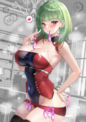 Rule 34 | 1girl, azur lane, bare shoulders, black leotard, black thighhighs, breasts, closed mouth, condom, condom belt, condom in mouth, cum, cum on body, cum on breasts, cum on upper body, detached collar, earrings, facial, giuseppe garibaldi (azur lane), green hair, hand on own hip, heart, highres, holding, holding condom, indoors, jewelry, large breasts, leotard, looking at viewer, mouth hold, multicolored hair, multiple condoms, red eyes, red leotard, skindentation, smile, spoken heart, streaked hair, studiopokotan, thighhighs, thighs, two-tone leotard, used condom, v
