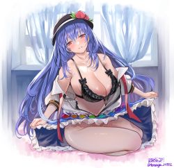 Rule 34 | 1girl, alternate breast size, aonaga heri, bare shoulders, black hat, blue hair, blue skirt, bra, breasts, clothes lift, collarbone, food, frilled skirt, frills, fruit, hat, hinanawi tenshi, lifted by self, long hair, off shoulder, peach, petticoat, skirt, skirt lift, solo, touhou, underwear