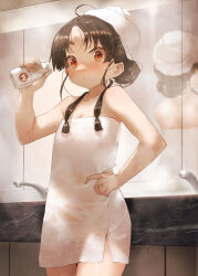 Rule 34 | 1girl, ahoge, black hair, bottle, breasts, brown eyes, cowboy shot, highres, holding, holding bottle, kantai collection, looking at viewer, milk, milk bottle, mirror, naked towel, nisshin (kancolle), short hair, sidelocks, small breasts, solo, toka (marchlizard), towel, towel on head