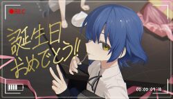 Rule 34 | 3girls, battery indicator, black ribbon, blue hair, blurry, blurry background, bocchi the rock!, cake, cake slice, collared shirt, earrings, face down, flying sweatdrops, food, food on face, fork, gotoh hitori, highres, holding, holding fork, jewelry, kita ikuyo, long sleeves, looking at viewer, multiple girls, neck ribbon, pink hair, pleated skirt, recording, ribbon, shirt, short hair, skirt, stud earrings, table, utensil in mouth, v, viewfinder, white shirt, yamad urian, yamada ryo, yellow eyes