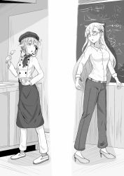 Rule 34 | absurdres, apron, bespectacled, chalk, chalkboard, chef hat, chef, double-breasted, food, glasses, greyscale, hair flaps, harusame (kancolle), hat, high heels, highres, kantai collection, long hair, monochrome, multiple girls, noyomidx, open mouth, pants, shirt, teacher, waist apron, yuudachi (kancolle)