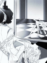 Rule 34 | 2others, androgynous, checkered floor, closed eyes, commentary, detached sleeves, different reflection, english commentary, gas wf, greyscale, hat, highres, japanese clothes, kimono, leg ribbon, len&#039;en, long sleeves, mirror, monochrome, multiple others, other focus, parted lips, reflection, ribbon, senri tsurubami, short hair, shorts, tate eboshi, wide sleeves, zuifeng tenkai
