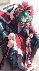 Rule 34 | 1girl, absurdres, black footwear, boots, cross-laced footwear, crossed legs, dress, feet out of frame, frills, from above, green eyes, green hair, hair between eyes, hair ribbon, highres, kagiyama hina, lace-up boots, light blush, light smile, long hair, looking at viewer, parted lips, petals, pillow, red dress, ribbon, sitting, solo, torinari (dtvisu), touhou