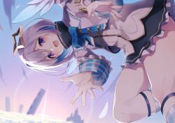 Rule 34 | 1girl, absurdres, amane kanata, amane kanata (1st costume), angel, angel wings, armband, black dress, blue hair, blue sky, blush, colored inner hair, dress, feathered wings, feathers, fragir, grey hair, grey jacket, halo, highres, hololive, jacket, looking at viewer, multicolored hair, open mouth, purple eyes, short hair, sky, smile, solo, star halo, turtleneck, turtleneck dress, virtual youtuber, wings, yellow armband
