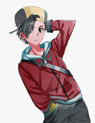 Rule 34 | 1boy, absurdres, backwards hat, baseball cap, black eyes, black hair, black pants, black shirt, commentary request, creatures (company), ethan (pokemon), game freak, hand in pocket, hand up, hat, highres, jacket, male focus, neptune (mhrc2784), nintendo, pants, parted lips, pokemon, pokemon hgss, red jacket, shirt, short hair, solo, strap, white background, zipper pull tab