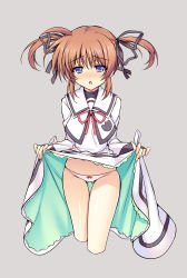 Rule 34 | 00s, 1girl, :o, blue eyes, blush, bow, bow panties, brown hair, clothes lift, cropped legs, dress, dress lift, embarrassed, grey background, hair ribbon, highres, long sleeves, lyrical nanoha, mahou shoujo lyrical nanoha, open mouth, panties, raiou, ribbon, school uniform, short twintails, simple background, skindentation, solo, takamachi nanoha, tears, thigh gap, twintails, underwear