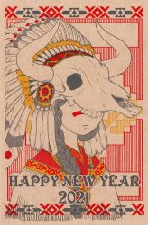 Rule 34 | 1girl, 2021, animal skull, border, braid, chinese zodiac, cloak, closed mouth, covered eyes, english text, facial mark, feathers, grey hair, hair over shoulder, happy new year, headdress, horns, limited palette, long hair, native american headdress, new year, original, poncho, portrait, single braid, solo, tokyo mononoke, year of the ox