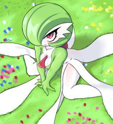 Rule 34 | 1girl, absurdres, arm support, blush, bob cut, breasts, collarbone, colored skin, creatures (company), day, female focus, field, flower, flower field, from above, full body, game freak, gardevoir, gen 3 pokemon, grass, green hair, green skin, green theme, hair over one eye, highres, leaning forward, light blush, looking at viewer, looking up, medium breasts, multicolored skin, nintendo, noconcession, on ground, one eye covered, outdoors, own hands together, parted lips, pokemon, pokemon (creature), red eyes, shiny skin, short hair, sitting, solo, two-tone skin, v arms, wariza, white skin