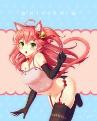Rule 34 | 1girl, ahoge, alternate costume, animal ears, artist name, bare shoulders, bell, black gloves, black panties, black thighhighs, blush, breasts, cat ears, cat girl, cat tail, cleavage, collar, commentary request, crop top, elbow gloves, garter belt, gloves, green eyes, hair bell, hair between eyes, hair ornament, highres, hololive, ko sk 08, leg up, long hair, looking at viewer, medium breasts, navel, open mouth, panties, panties over garter belt, pink hair, pink shirt, sakura miko, shirt, sidelocks, solo, tail, thighhighs, underwear, virtual youtuber
