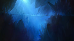 Rule 34 | ambiguous gender, blue theme, bridge, chasm, commentary request, crystal, highres, original, people, rock, sachi (yumemayoi), scenery, standing, sunlight
