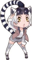 Rule 34 | 1girl, animal ears, belt, black hair, extra ears, grey hair, highres, jacket, kemono friends, kneehighs, looking at viewer, multicolored hair, official art, open mouth, ring-tailed lemur (kemono friends), shirt, shoes, short hair, shorts, socks, solo, striped tail, sunglasses, tachi-e, tail, transparent background, two-tone hair, yellow eyes, yoshizaki mine