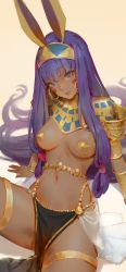 Rule 34 | 1girl, absurdly long hair, animal ears, breasts, dark-skinned female, dark skin, earrings, egyptian, egyptian clothes, fate/grand order, fate (series), highres, jackal ears, jewelry, long hair, looking at viewer, navel, nitocris (fate), purple eyes, purple hair, simple background, sitting, smile, solo, timbougami, very long hair, yellow background