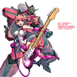 Rule 34 | 1girl, boots, breasts, copyright name, cover, cover image, cover page, covered erect nipples, elbow gloves, extra eyes, floating hair, gloves, glowing, glowing eyes, green eyes, guitar, high heel boots, high heels, holding, holding instrument, ichimonji kei, instrument, long hair, looking ahead, macross, macross delta, macross e, manga cover, mecha, medium breasts, navel, official art, open hands, pink hair, pirika polywanov, purple footwear, purple gloves, robot, science fiction, thigh boots, thighhighs, variable fighter, vf-171ex, white background