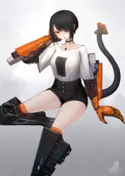 Rule 34 | 1girl, absurdres, black hair, casual, choker, cyberpunk, earrings, eyepatch, highres, jewelry, looking at viewer, mecha musume, mechanical arms, mechanical legs, mechanical tail, mihato senba, necklace, orange eyes, original, prosthesis, scar, short hair, shorts, simple background, single mechanical arm, sitting, solo, sumi elias, tail