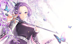 Rule 34 | 1girl, absurdres, belt, belt buckle, black hair, blurry, blurry foreground, breasts, buckle, bug, butterfly, butterfly hair ornament, flower, gradient hair, hair ornament, haori, high-waist pants, highres, holding, holding sword, holding weapon, insect, jacket, japanese clothes, kimetsu no yaiba, kochou shinobu, large breasts, long sleeves, multicolored hair, pants, purple eyes, purple flower, purple hair, purple jacket, sha (shareddelicious), short hair, smile, solo, standing, sword, weapon, white belt